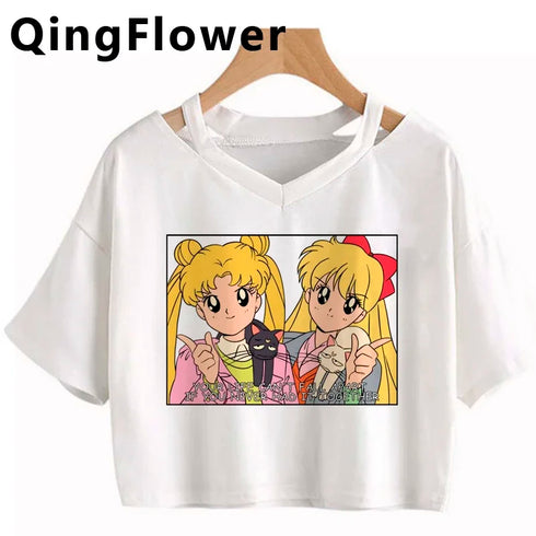 Kawaii Anime Cartoon Tee for Women - V-Neck Short Sleeve Top