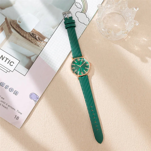 Luxury Ladies Diamond Roman Design Quartz Watch - Green Strap