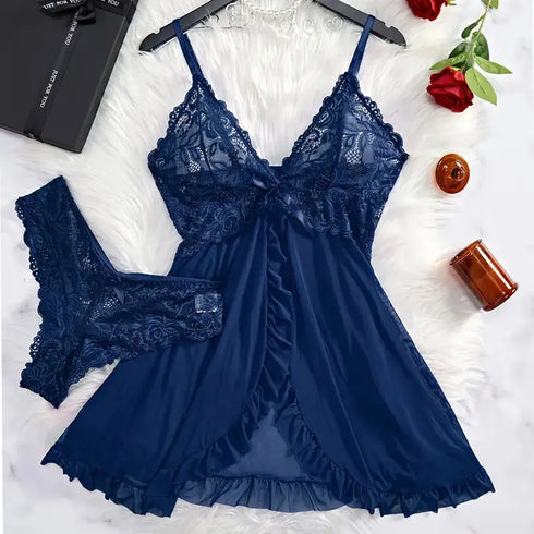Lace and Mesh Ruffle Babydoll Nightgown
