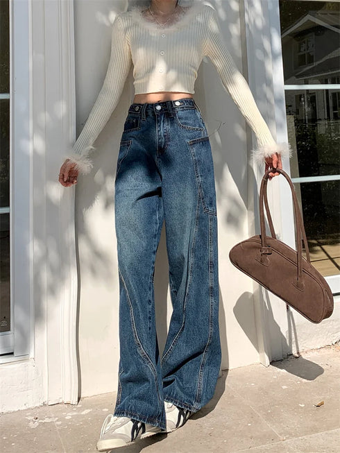 Women's High Waist Wide Leg Denim Jeans in Navy