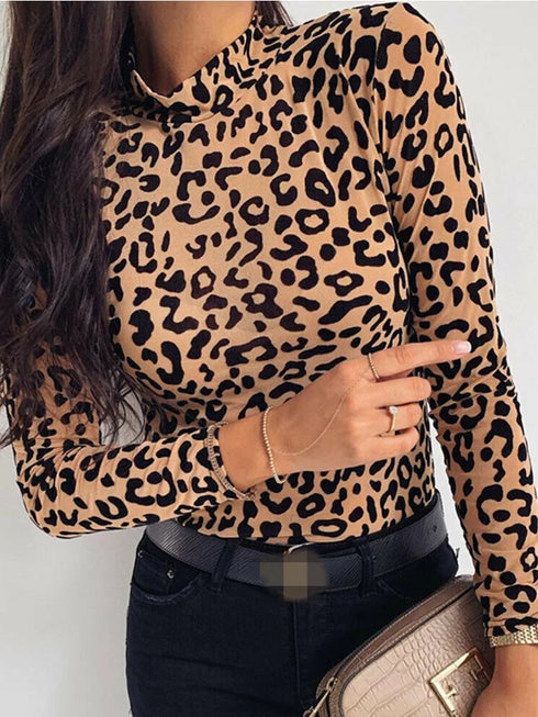 Leopard Print Turtleneck Long Sleeve Top