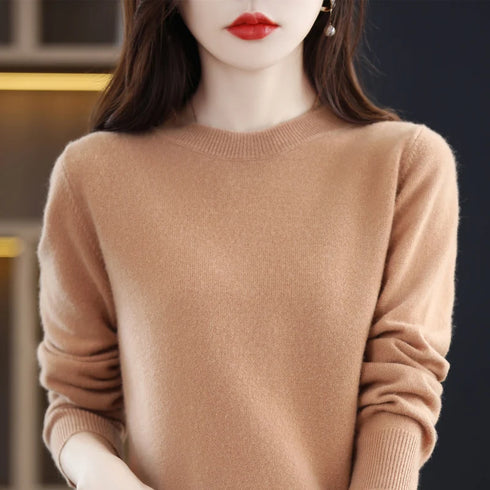 100% Pure Wool Cashmere O-Neck Pullover Sweater