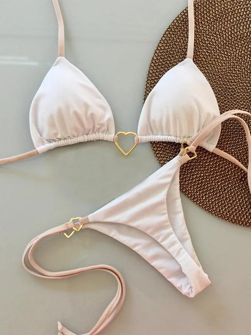 White Lace-Up Bikini Set for Women