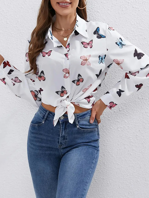 Women's Long-Sleeved Butterfly Print Loose Shirt