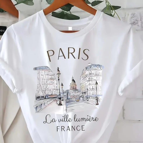 Paris Women Print T-Shirt Short Sleeve Casual Top for Summer & Spring