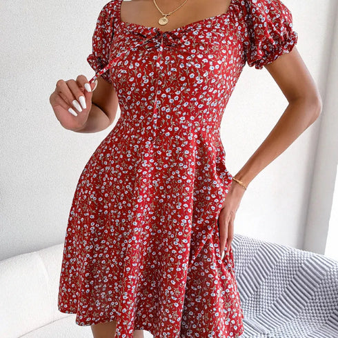 Floral Print A-Line Dress with Ruffled Sleeves