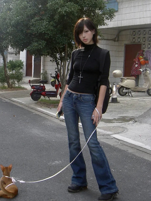 Y2K Japanese Long Sleeve Black Turtleneck Top for Women