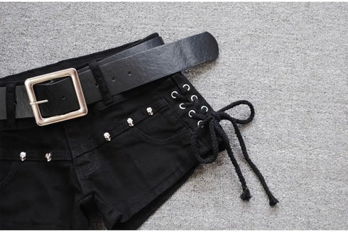 Low Rise Denim Shorts with Lace-Up Detail