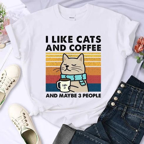 Cute Cat & Coffee Graphic Tee for Women