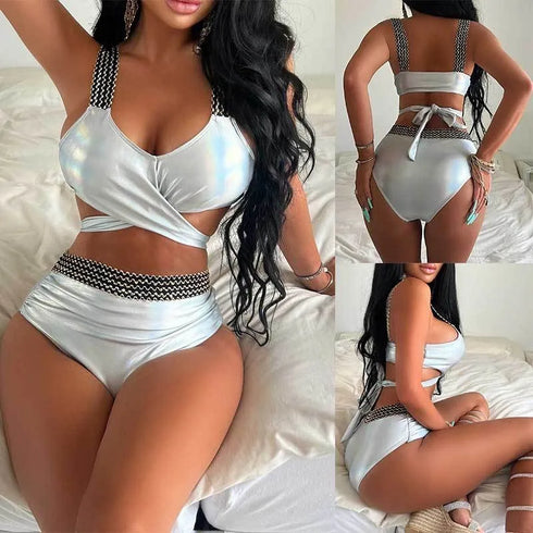 High Waisted Silver Bikini with Wire Detail