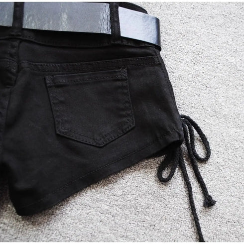Low Rise Denim Shorts with Lace-Up Detail