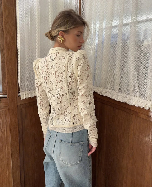 White Lace Hollow Out Blouse for Women