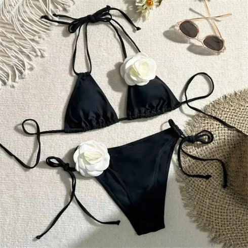 Floral Bandeau Thong Bikini Set for Women