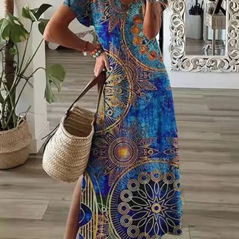Chic Printed Maxi Dress with Round Neck