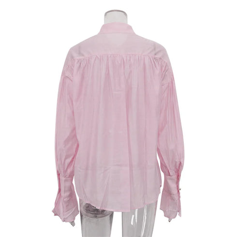 New Casual Loose See-Through White Shirts Women Autumn Lapel Long Sleeve Versatile Blouse Female Streetwear Pink Shirts Tops