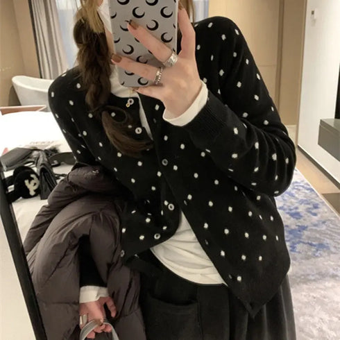 Polka Dot Knitted Cardigan Women’s Long Sleeved Top