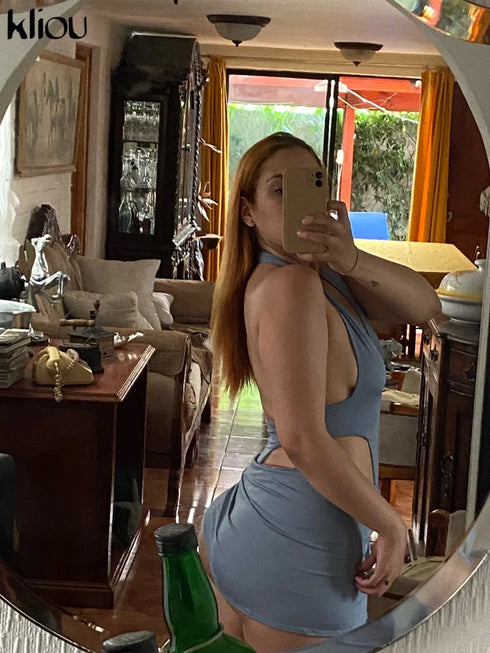 Kliou Solid Deep V Backless Two Piece Set in Black