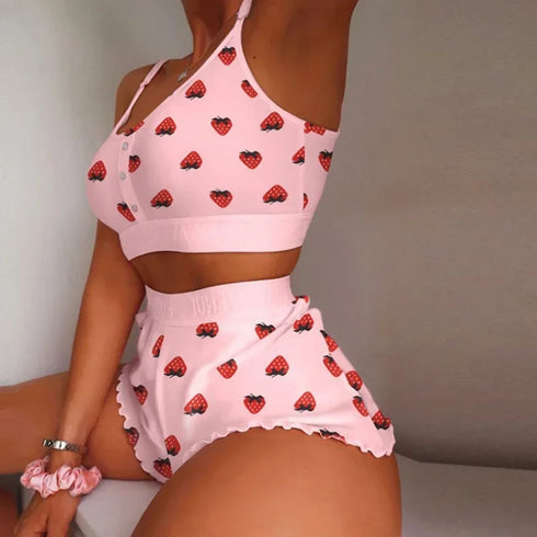 Summer 2-Piece Pajama Set Women Sleepwear Strawberry Lace Crop Top and Shorts Loungewear Pijamas