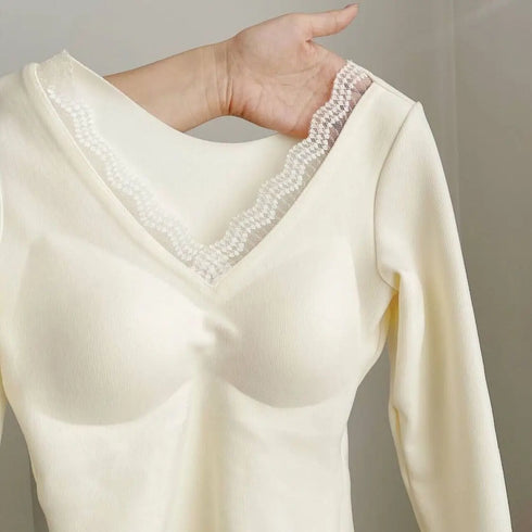Lace Detail V-Neck Long Sleeve Top in Apricot