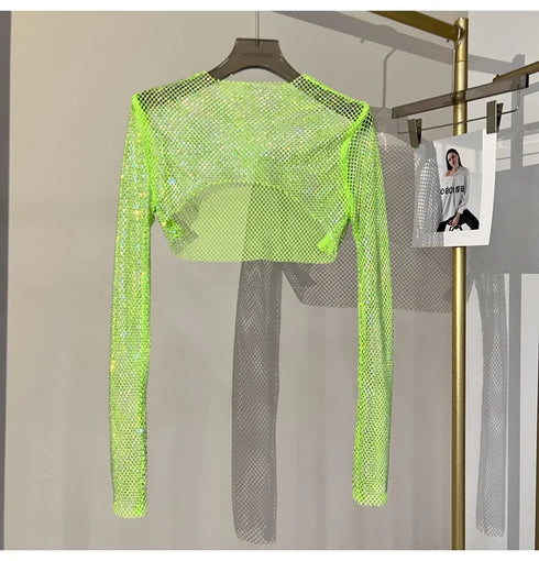 Hollow Out Rhinestone Long Sleeve Crop Top