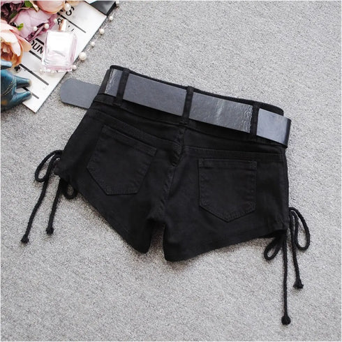 Low Rise Denim Shorts with Lace-Up Detail