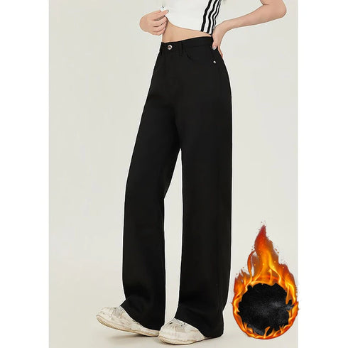 High Waist Fleece Thermal Denim Pants for Women