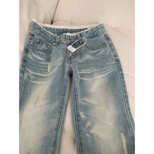 Botvotee Vintage Low Waisted Straight Leg Jeans - Light Blue