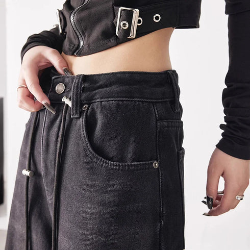 Girls Retro Streetwear Wide Leg Black Jeans