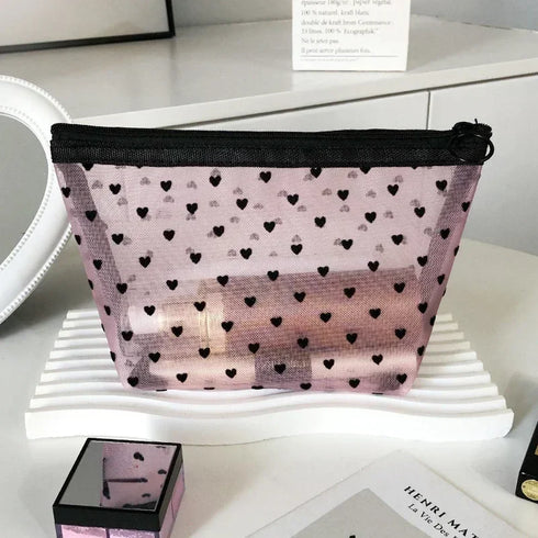 Heart Shaped Nylon Mesh Cosmetic Bag