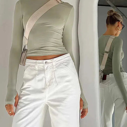 Chic Long Sleeve Women’s Crop Top with Thumb Holes - Slim Fit Casual Tee for Effortless Summer Style