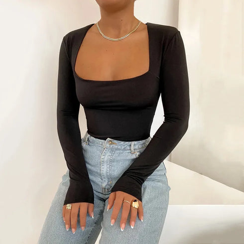 Long Sleeve Bodycon Bodysuit with Square Neck