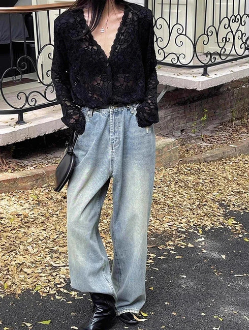 Vintage Summer Lace Blouses Women See Through Sheer Long Sleeve Sun Shirts Korean Style Casual Sun Protection Sexy Ladies Tops