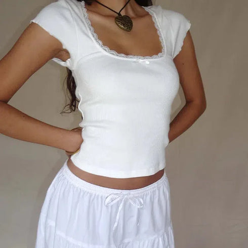 Y2K Vintage Baby Tee with Lace Trim - Summer Crop Top