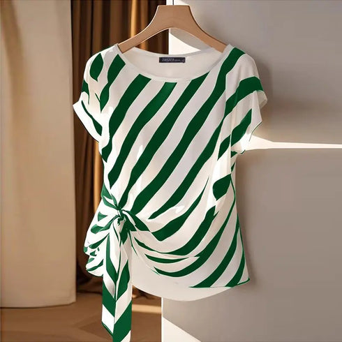 Korean Striped Short Sleeve Blouse for Women