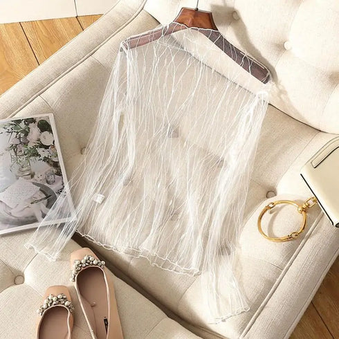 Sheer Lace Long Sleeve Turtleneck Top for Women