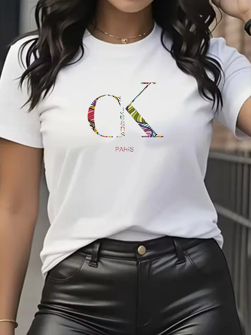 Y2K Cartoon Letter Print Crew Neck T-Shirt for Women