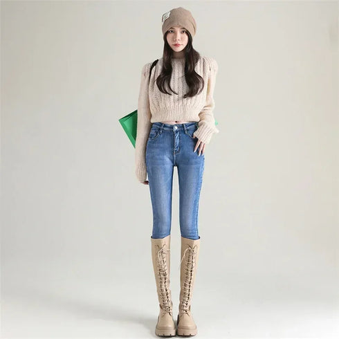 High Waist Thermal Denim Jeans for Women
