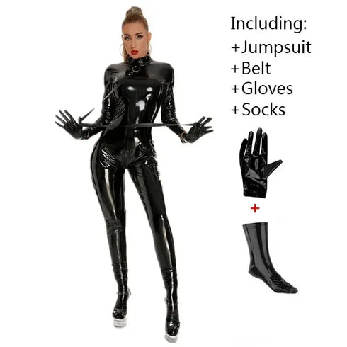 Black Shiny PU Latex Bodysuit with Zip Detail