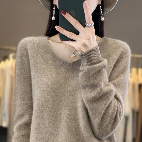 100% Merino Wool V-Neck Pullover Sweater for Women