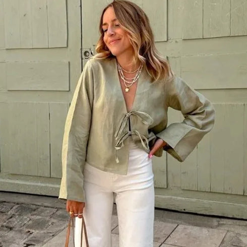 Green Linen Lace Up Long Sleeve V Neck Shirt for Women