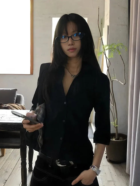 Genayooa Vintage Casual Black Shirt for Women