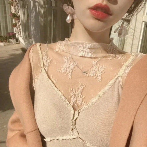 Women's Turtleneck Mesh Top with Long Sleeves
