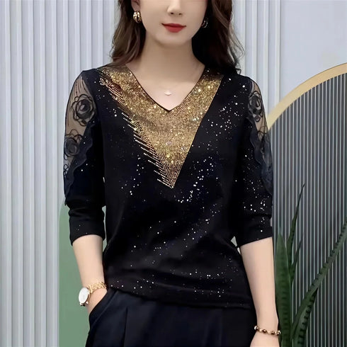 Casual Long Sleeve V-Neck Lace Patchwork Blouse