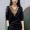 Casual Long Sleeve V-Neck Lace Patchwork Blouse