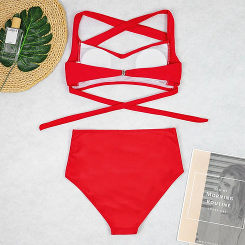 High Waist Halter Bikini Set in Red