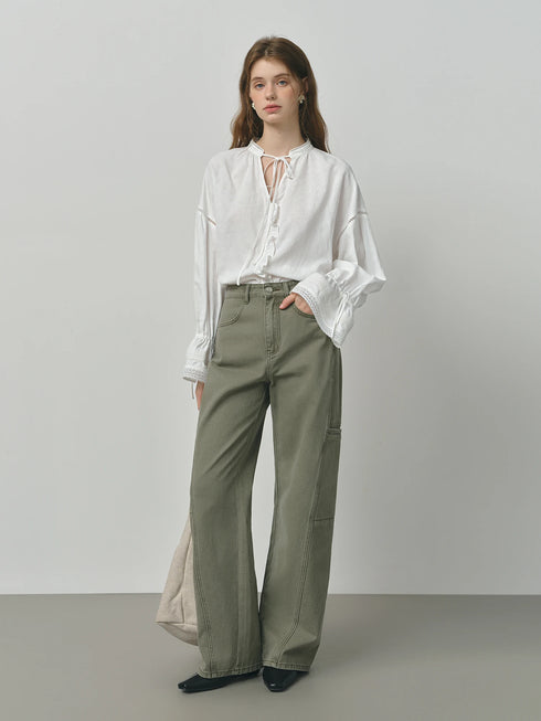 Lace-Up V-Neck Long Sleeve Casual Shirt for Women