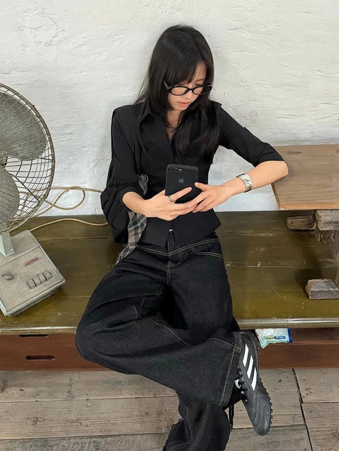 Genayooa Vintage Casual Black Shirt for Women