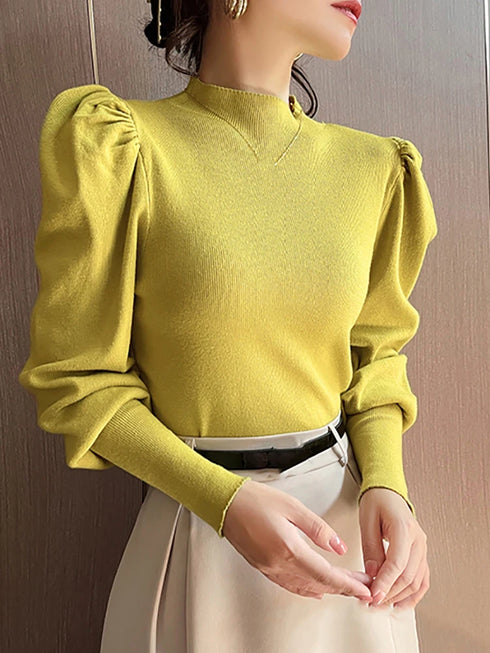 Slim Fit Turtleneck Sweater with Puff Sleeves