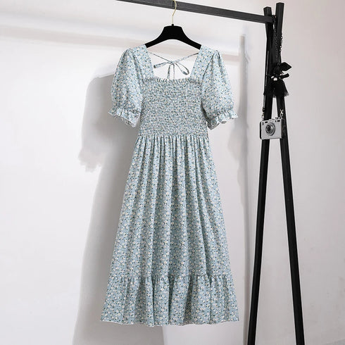 Floral A-Line Chiffon Dress with Short Sleeves