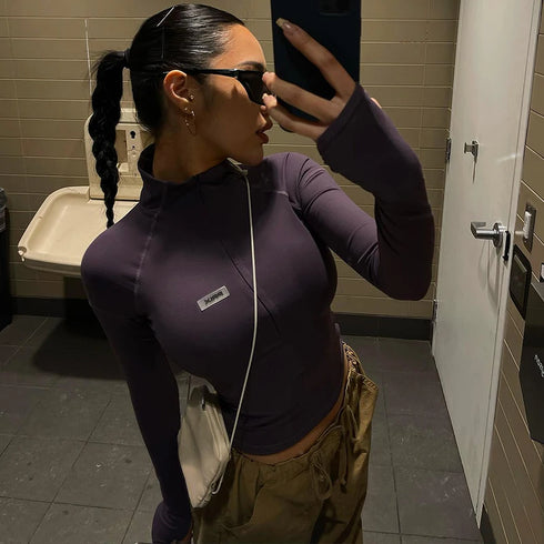 Y2K Long Sleeve Zip Crop Top for Women